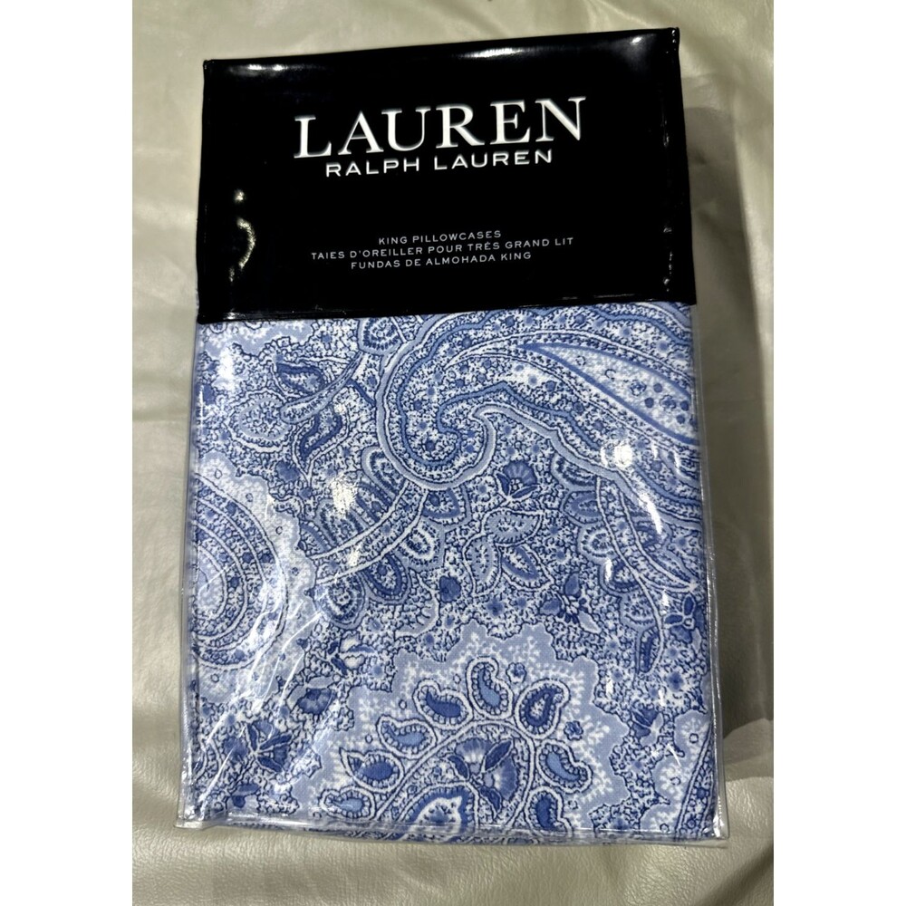 Ralph Lauren Bantry Paisley Flannel Blue/White KING Pillowcases bedding NEW